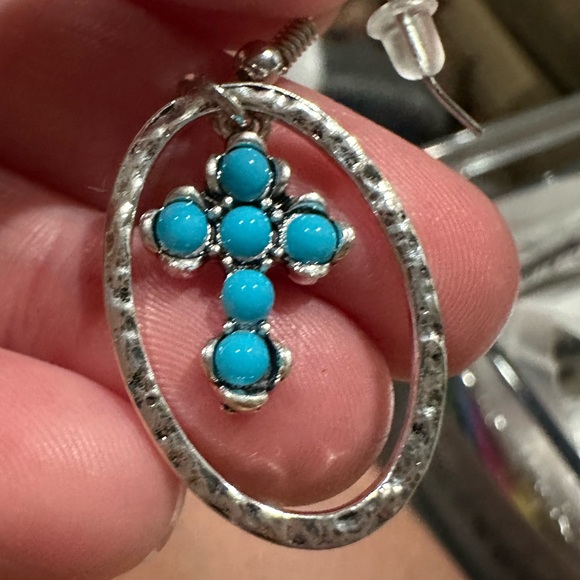 Hammered Silver and Turquoise Stone Cross Oval Drop Earrings - Picture 2 of 4